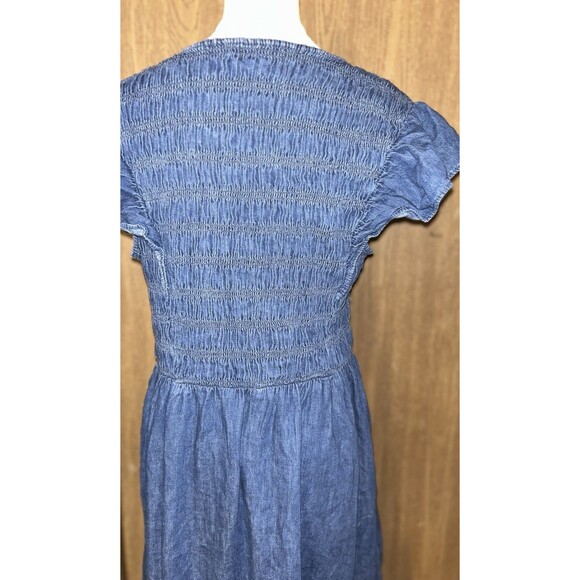Women’s L 100% Cotton Denim Ruffle Sleeve Smocked Midi Dress with Washwell - Picture 6 of 9